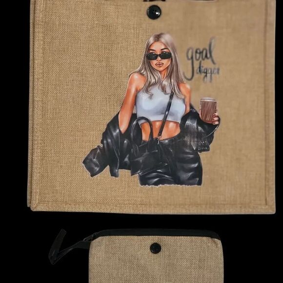 botique Handbags - Stylish Tan Tote Bag with Graphic Design